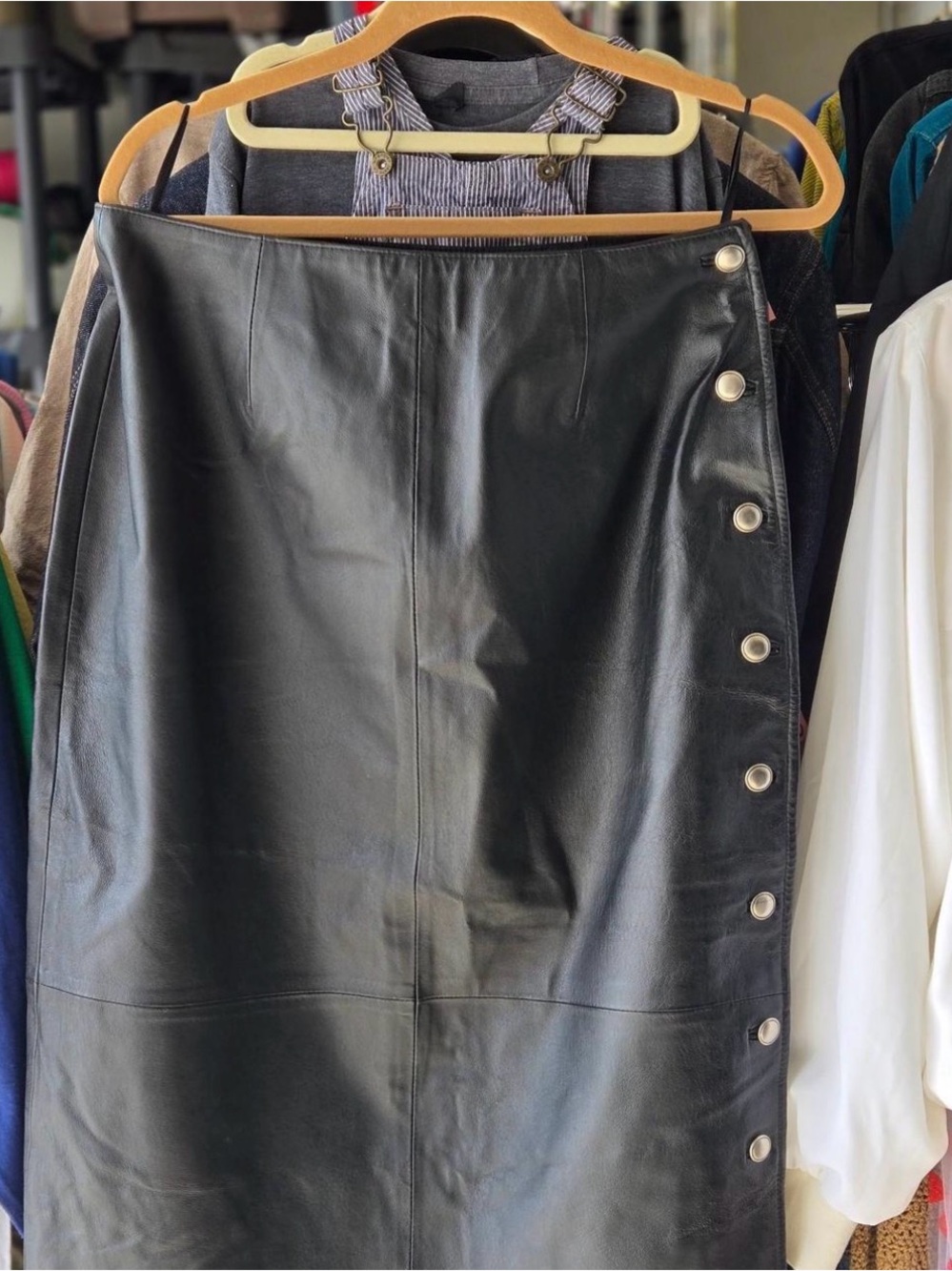 Newport News Black 100% Genuine Leather Midi Skirt with Side Buttons - Picture 2 of 6